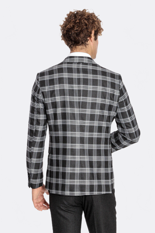 Slim Fit Patterned Checked Black Men Suit - Wessi