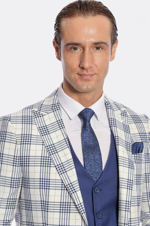 Checked Slim Fit Navy Blue Men Suit - Wessi