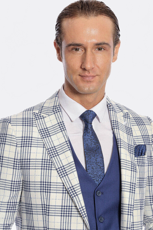 Checked Slim Fit Navy Blue Men Suit - Wessi