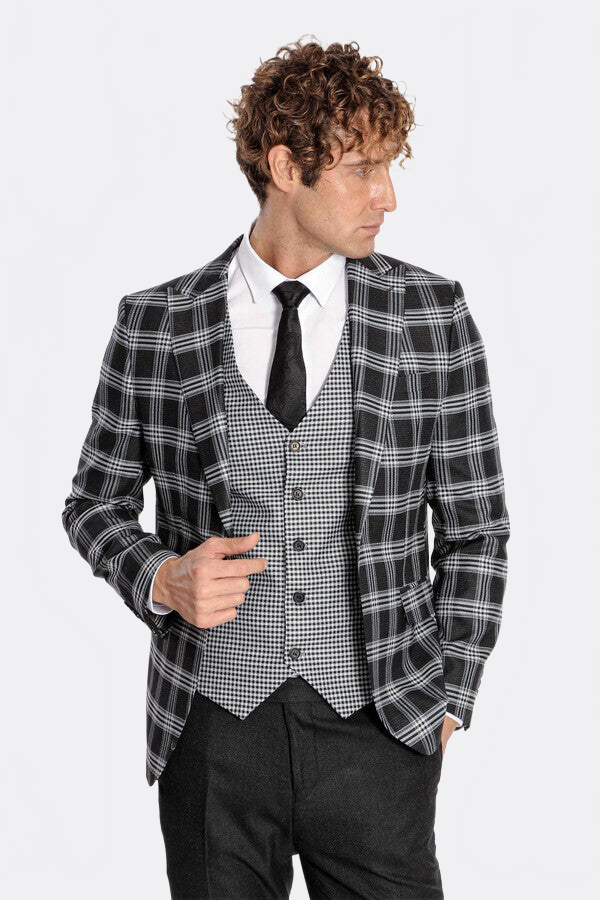 Slim Fit Patterned Checked Black Men Suit - Wessi