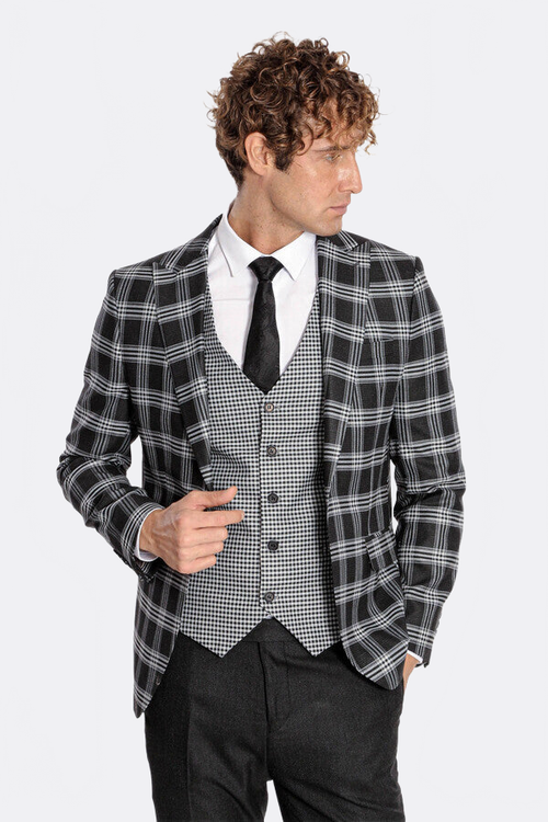Slim Fit Patterned Checked Black Men Suit - Wessi