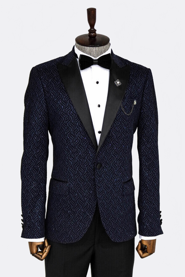 Glitter Shiny Navy Blue Men Prom Blazer - Wessi