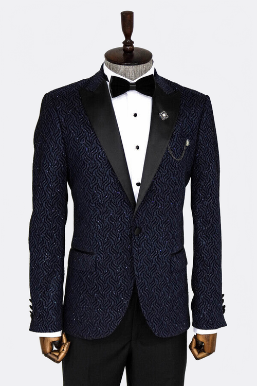 Glitter Shiny Navy Blue Men Prom Blazer - Wessi