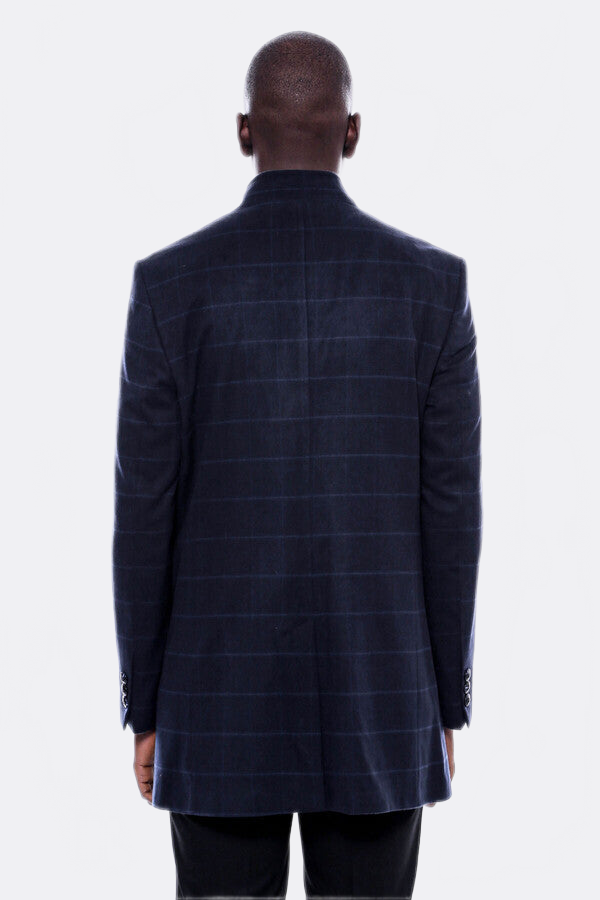 Mandarin Collar Navy Checked Coat - Wessi