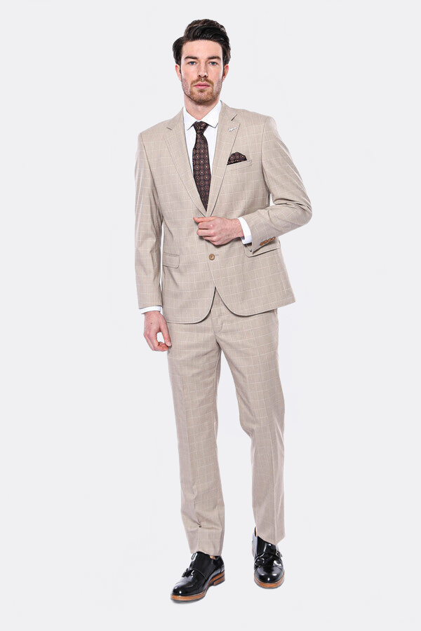 4 Drop Checked Regular Fit Beige Suit - Wessi