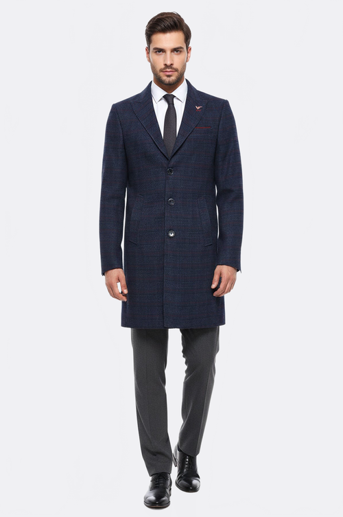 Wide Pointed Collar Blue Men Coat - Wessi