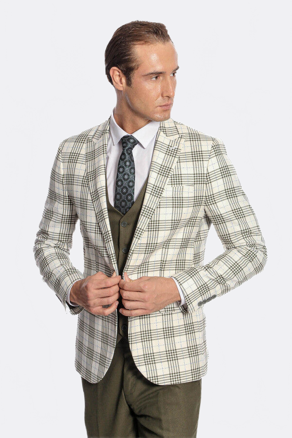 Checked Slim Fit Green Men Suit - Wessi