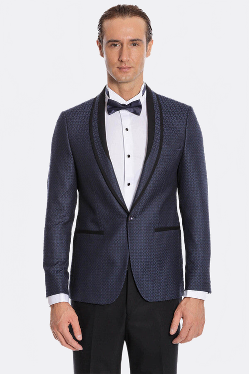 Shawl Lapel Patterned Slim Fit Navy Blue Tuxedo | Wessi