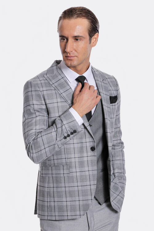 Slim Fit Checked Grey Men Suit - Wessi