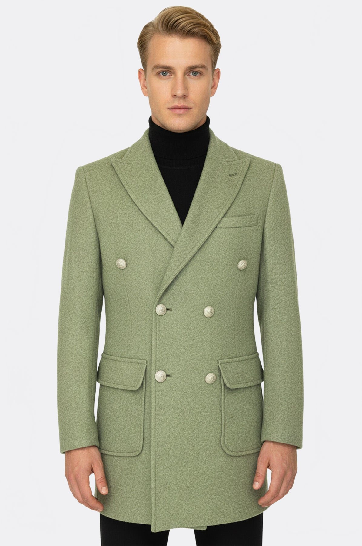 Metal Buttons Wool Cashmere Green Men Double Breasted Coat - Wessi
