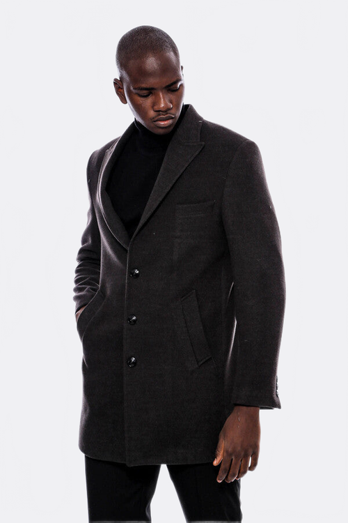 Wide Pointed Collar Smoked Over Knee Men Coat - Wessi