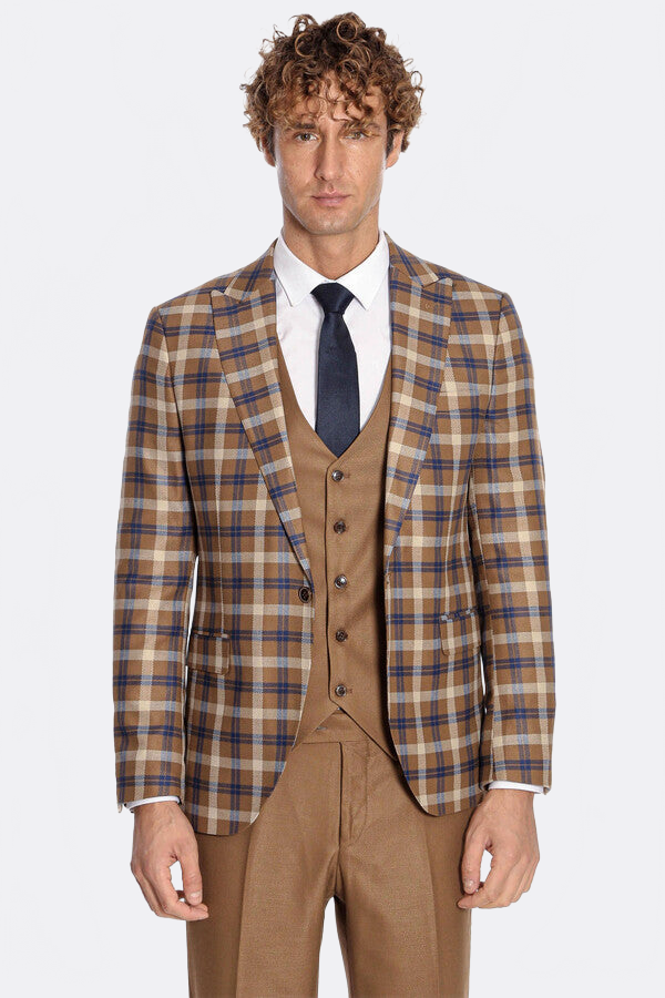 Checked Slim Fit Brown Men Suit  - Wessi