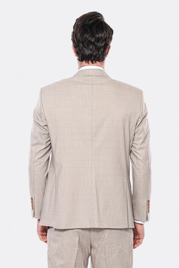 4 Drop Checked Regular Fit Beige Suit - Wessi
