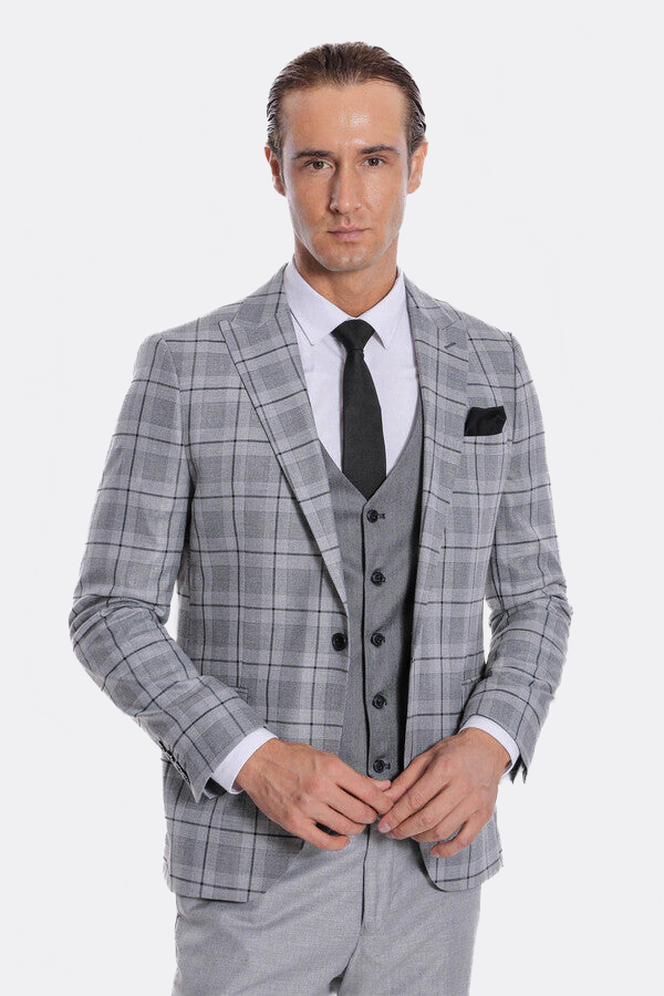 Slim Fit Checked Grey Men Suit - Wessi