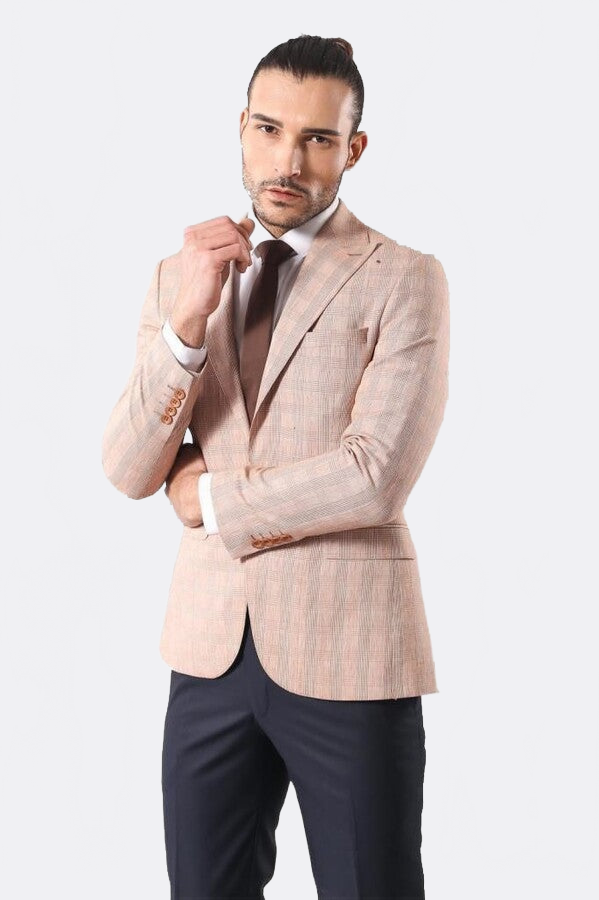 Single Button Plaid Beige Blazer - Wessi