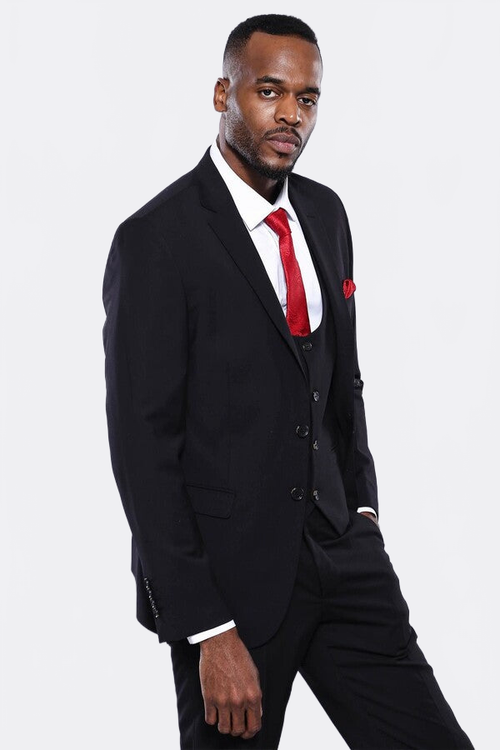 Plain Black 3-Piece Men's Suit - Wessi