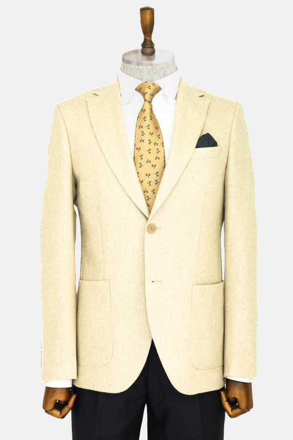 Slim Fit Plain Wide Lapel Cream Men Wool Blazer - Wessi