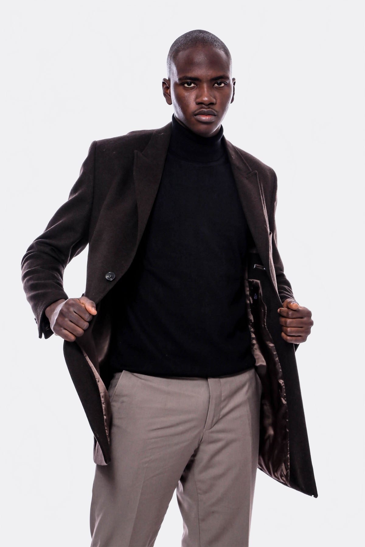 Wide Pointed Collar Over Knee Brown Men Coat - Wessi