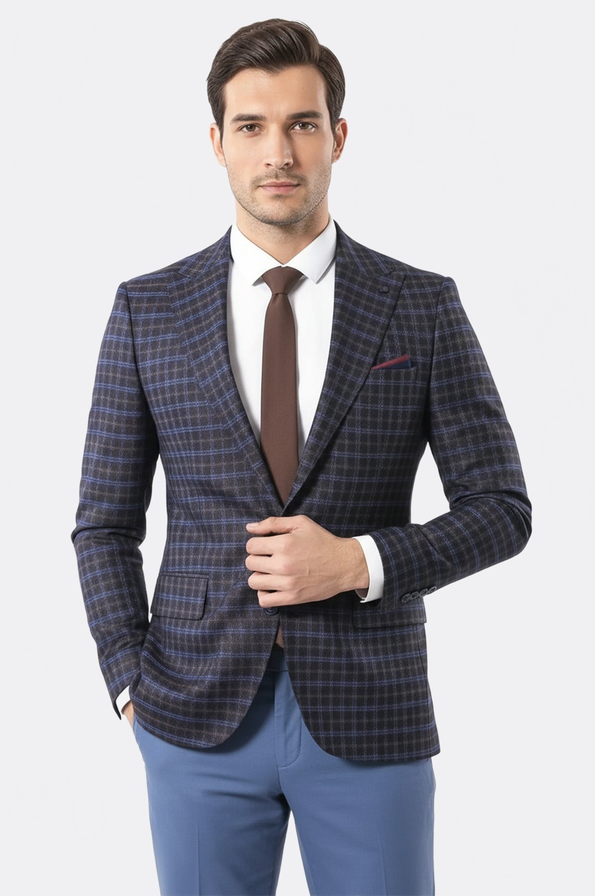 Double Breasted Plaid Burgundy Blazer - Wessi