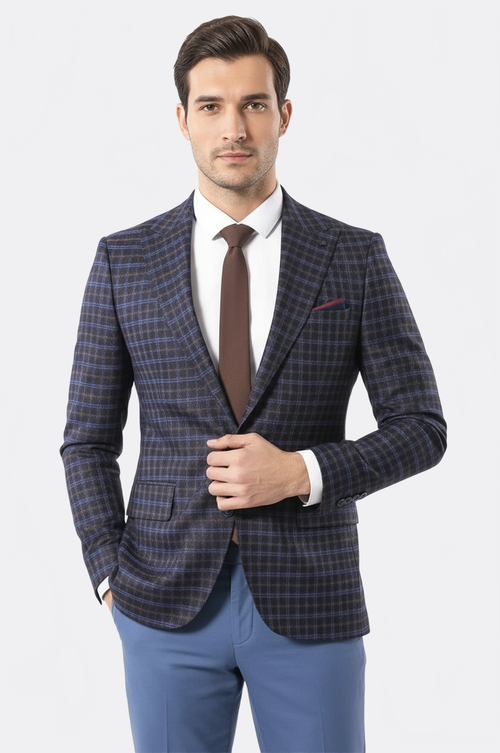 Double Breasted Plaid Burgundy Blazer - Wessi