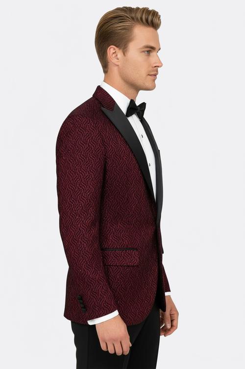 Shiny Patterned Burgundy Prom Blazer - Wessi