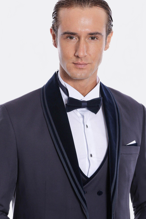 Detachable Velvet Lapel Navy Blue Tuxedo - Wessi