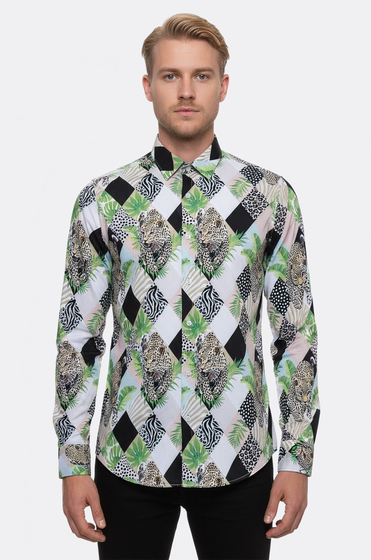 Leopard Pattern Long Sleeves Multicolor Men Shirt - Wessi