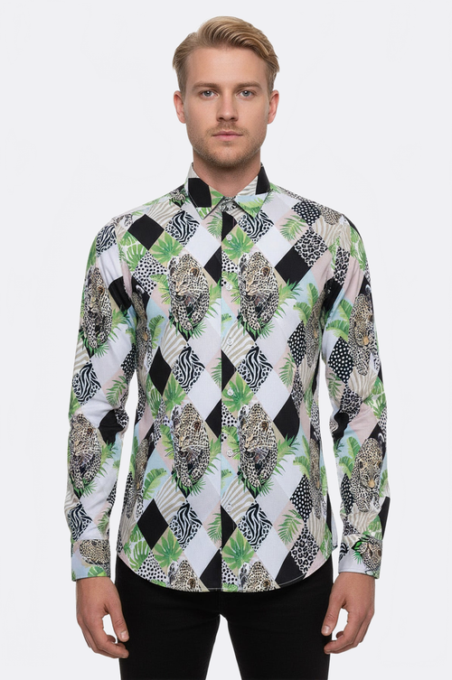 Leopard Pattern Long Sleeves Multicolor Men Shirt - Wessi