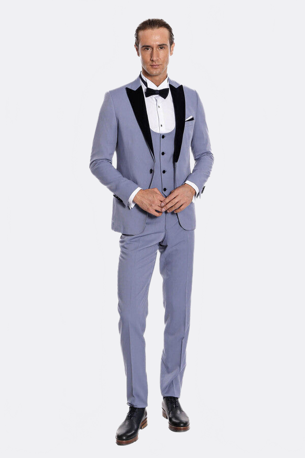 Velvet Lapel Slim Fit Light Blue Men Suit - Wessi