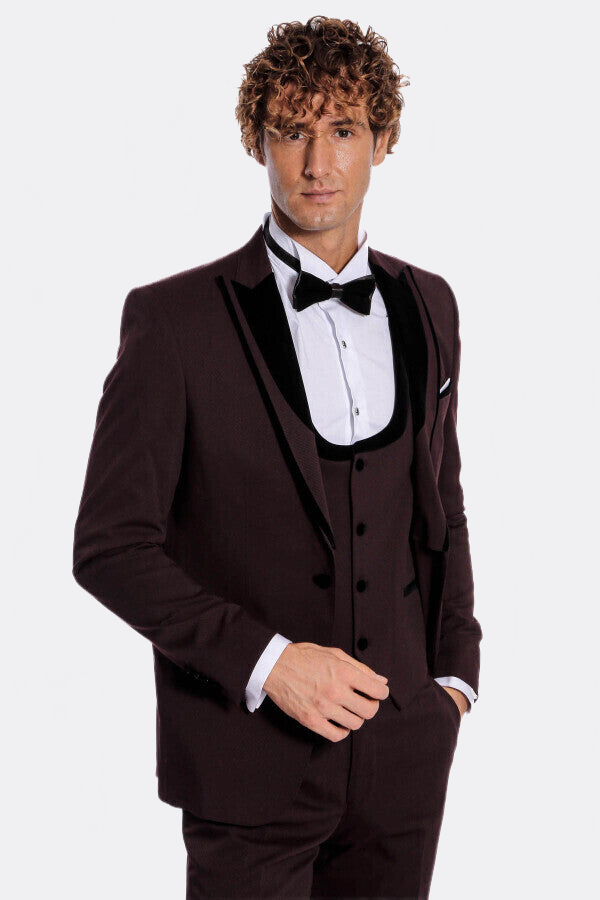 Velvet Lapel Vested Patterned Burgundy Men Tuxedo - Wessi