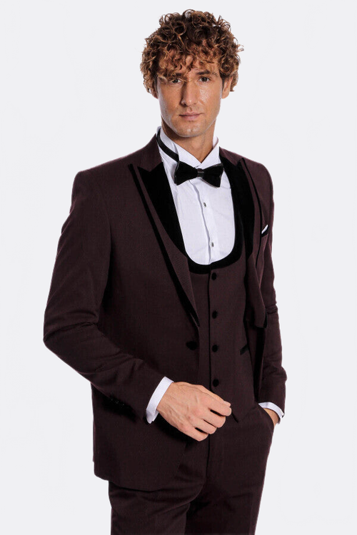Velvet Lapel Vested Patterned Burgundy Men Tuxedo - Wessi