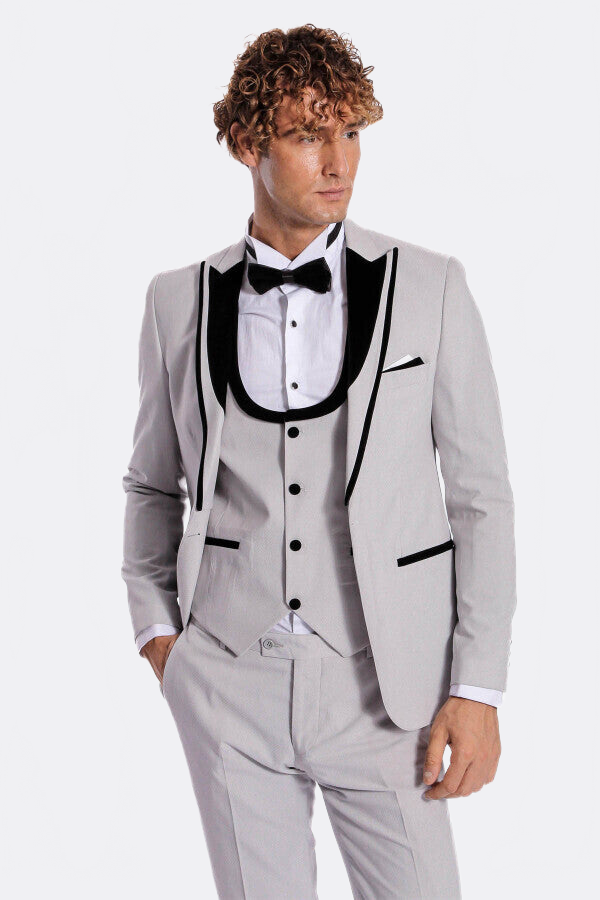 Velvet Lapel Vested Patterned Grey Men Tuxedo - Wessi