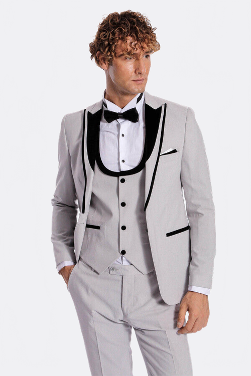 Velvet Lapel Vested Patterned Grey Men Tuxedo - Wessi