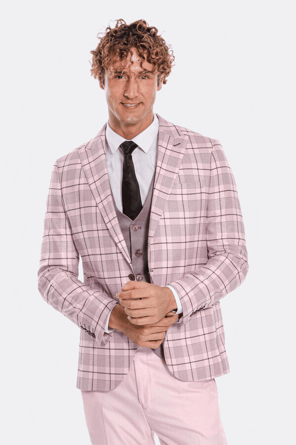 Checked Slim Fit Pink Men Suit - Wessi