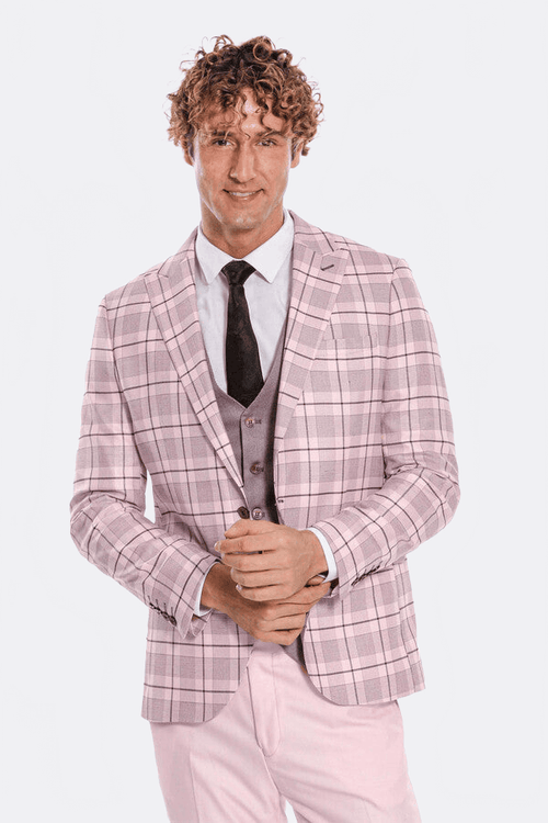 Checked Slim Fit Pink Men Suit - Wessi