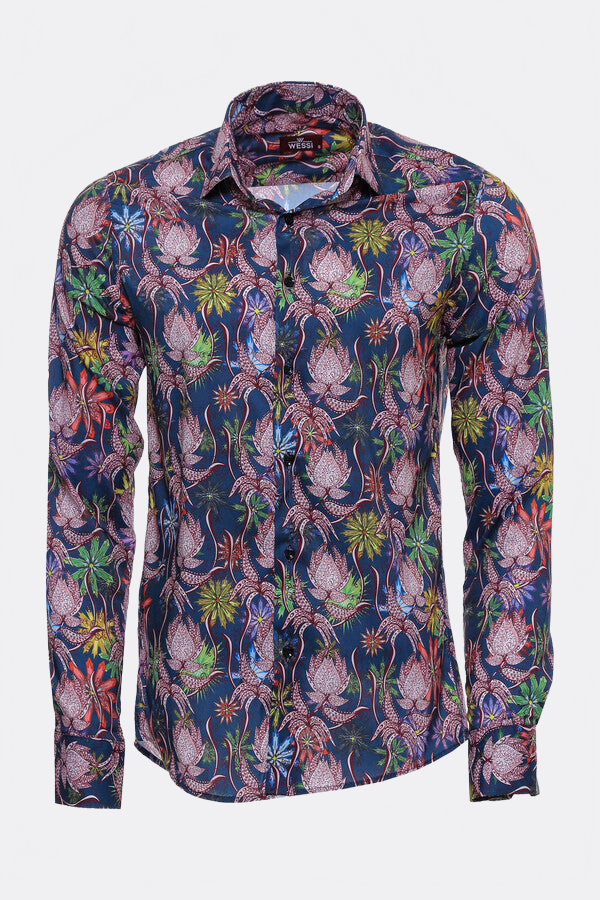 Colorful Floral Patterned Slim Fit Long Sleeves Navy Blue Men Shirt - Wessi