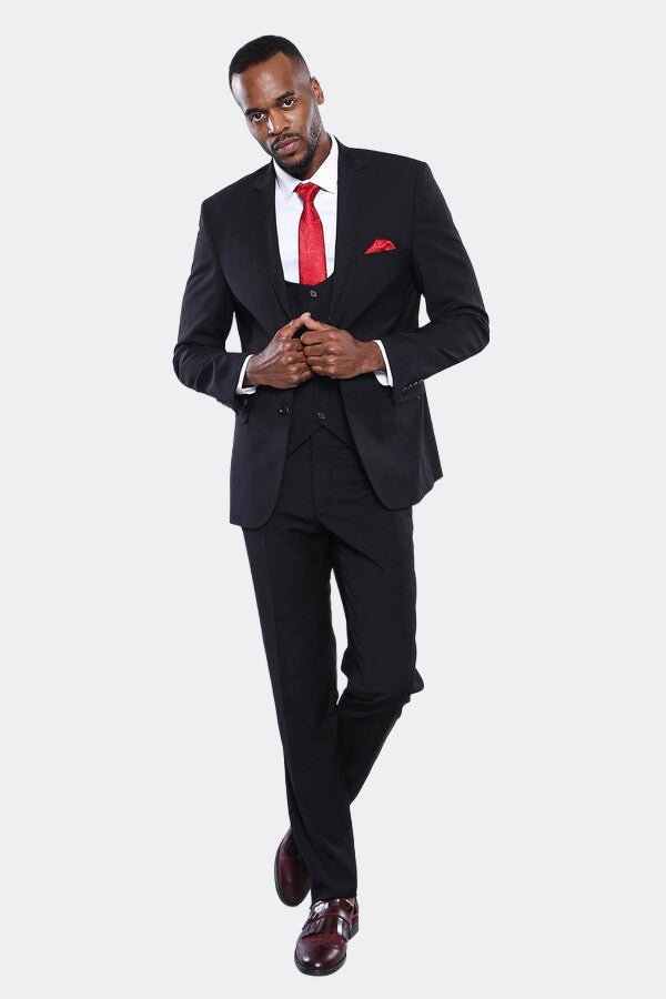 Plain Black 3-Piece Men's Suit - Wessi
