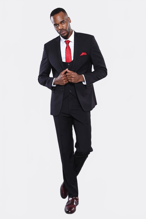 Plain Black 3-Piece Men's Suit - Wessi