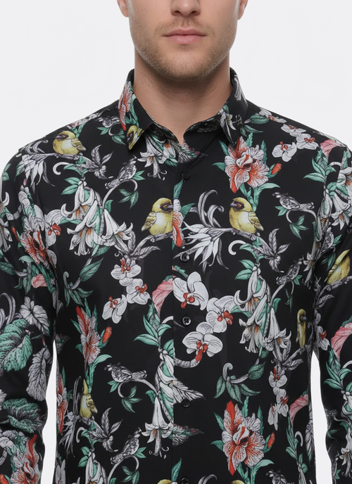Floral Patterned Slim Fit Long Sleeves Black Men Shirt - Wessi