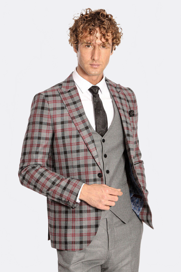 Checked Slim Fit Grey Men Suit - Wessi