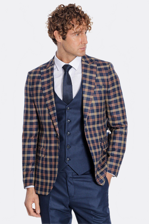 Checked Blazer Slim Fit Navy Blue Men Suit - Wessi