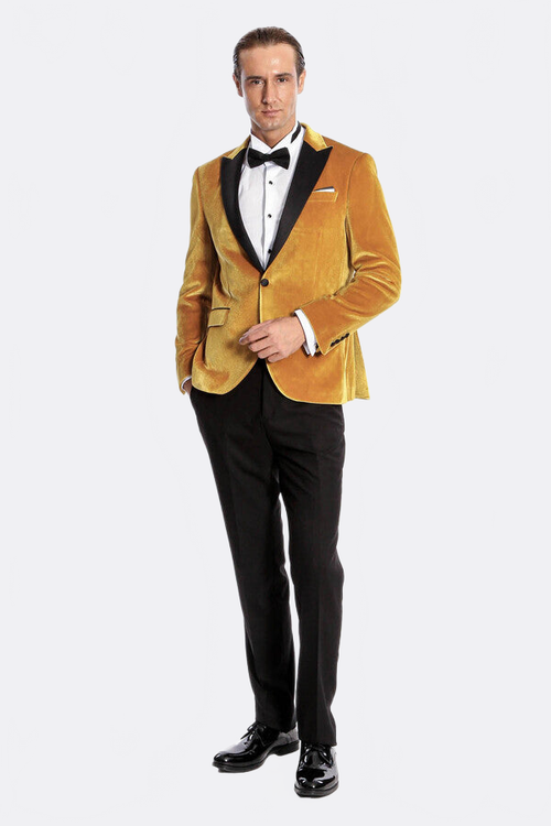 Velvet Slim Fit Yellow Men Prom Blazer - Wessi