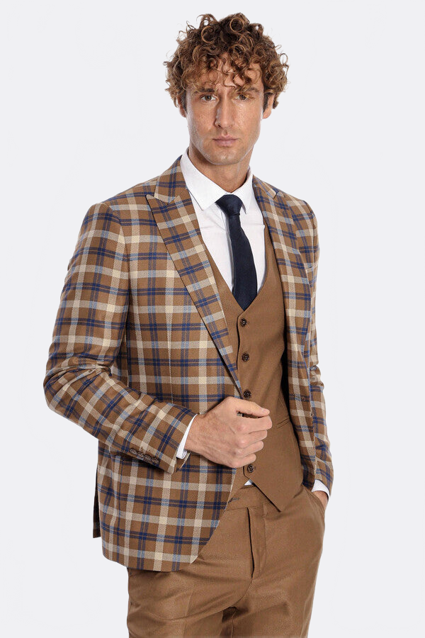 Checked Slim Fit Brown Men Suit  - Wessi