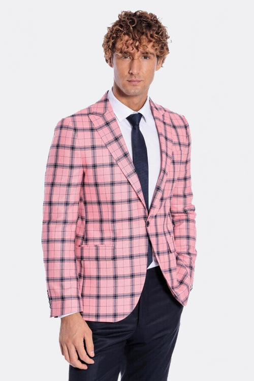 Plaid Slim Fit Pink Men Blazer - Wessi