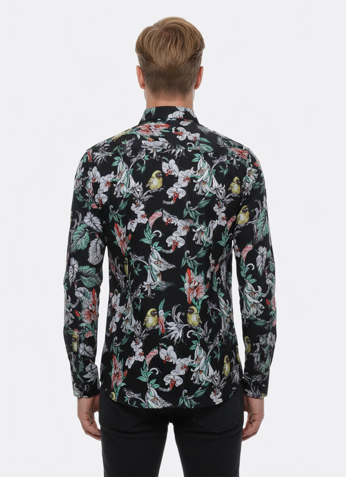 Floral Patterned Slim Fit Long Sleeves Black Men Shirt - Wessi
