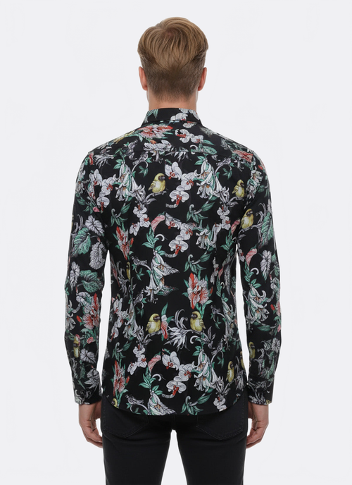 Floral Patterned Slim Fit Long Sleeves Black Men Shirt - Wessi