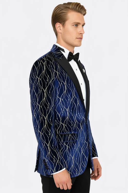 Gold Patterned Navy Blue Men Prom Blazer - Wessi