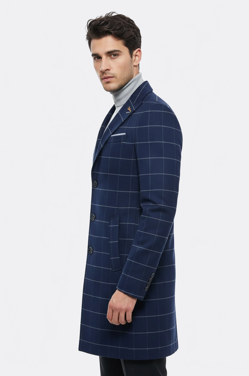 Wide Pointed Collar Indigo Men Coat - Wessi