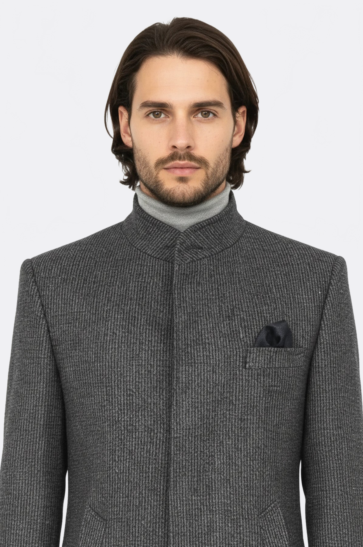 Standing Collar Patterned Grey Men Coat - Wessi