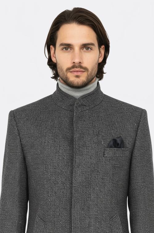 Standing Collar Patterned Grey Men Coat - Wessi